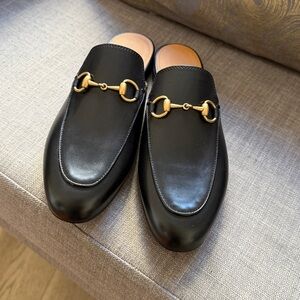 Authentic Gucci Black Leather Mules with Gold Detail